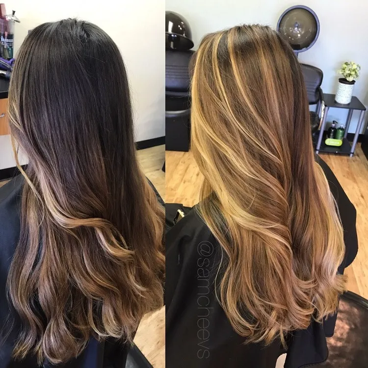 Balayage-miel-sur-cheveux-bruns-avant-apres kenzacoiffure.fr
